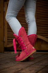 SMAIBULUN Ugg | Ribbon Lace-Up Faux Fur-lined Suede Boot - Fuchsia