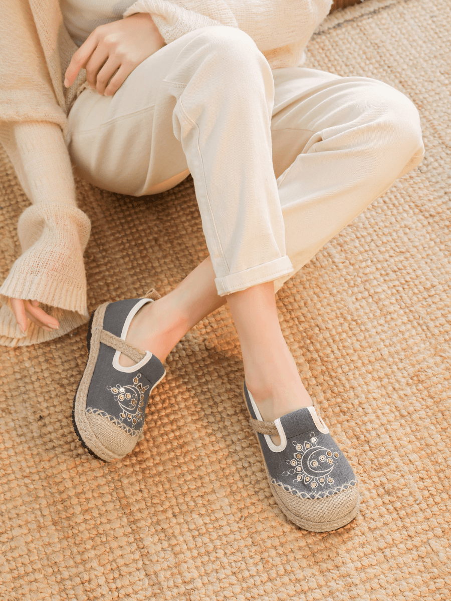 Cactus Rose | Blooming Moon Embroidered Linen Espadrilles - Grey