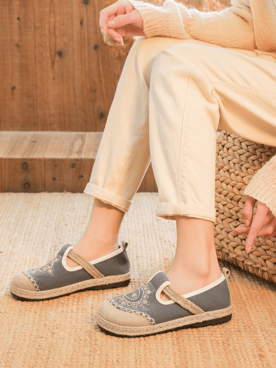 Cactus Rose | Blooming Moon Embroidered Linen Espadrilles - Grey