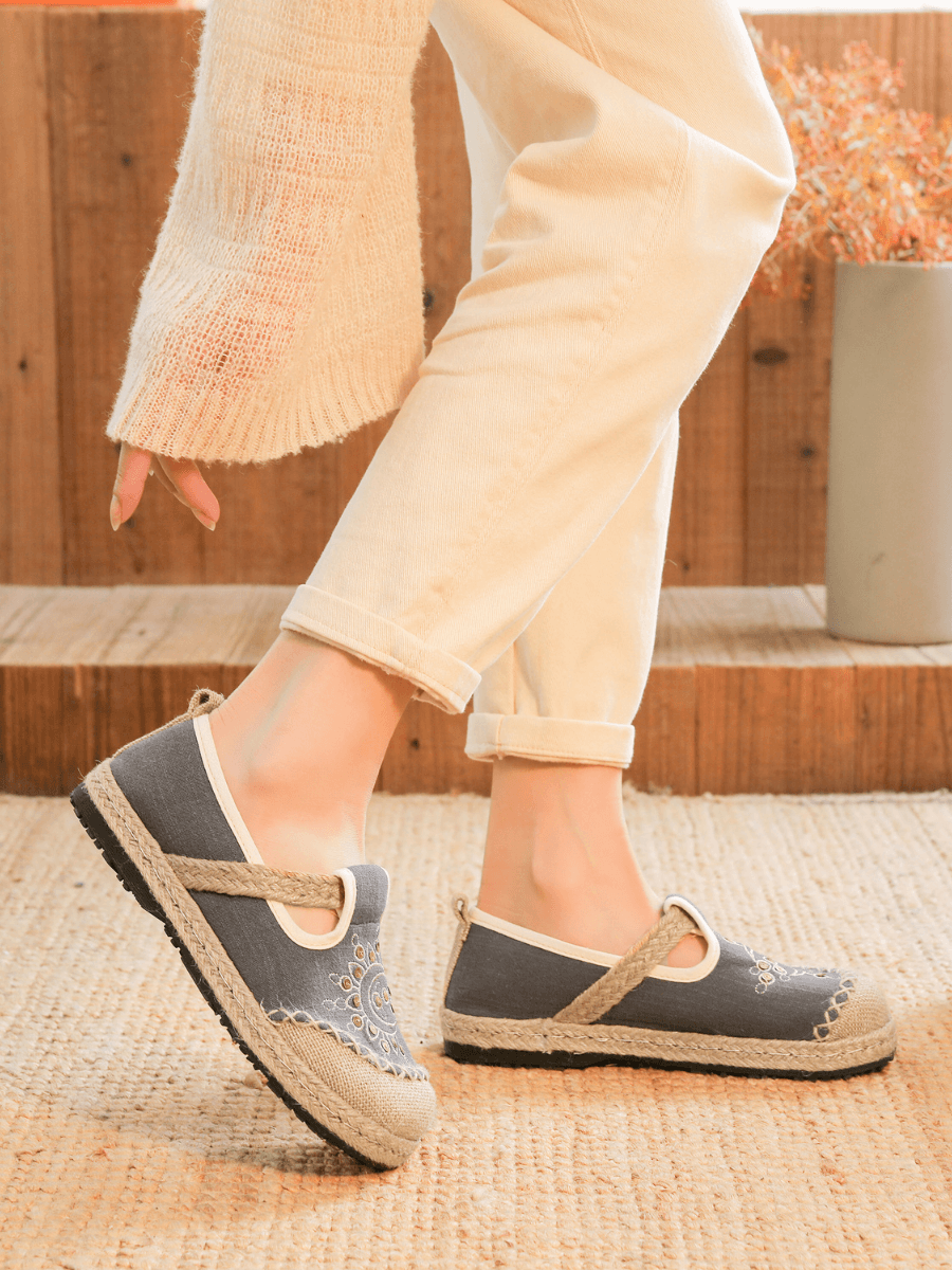 Cactus Rose | Blooming Moon Embroidered Linen Espadrilles - Grey