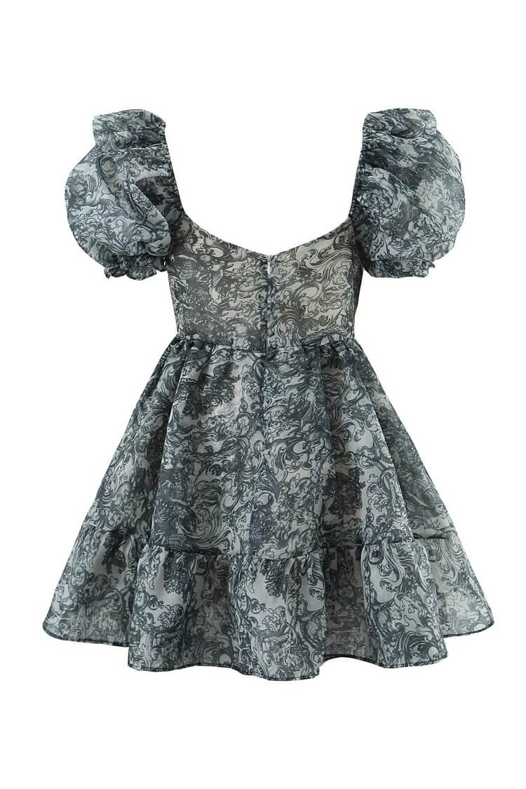 Girly Baroque Print Bustier Puff Sleeve Ruffle Organza Mini Babydoll Dress