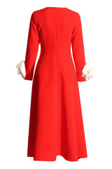 Glamorous Crew Neck Rosette Long Sleeve Flared Cocktail Party Midi Dress