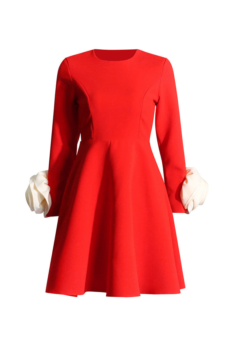 Glamorous Crew Neck Rosette Trim Long Sleeve Fit & Flare Party Mini Dress