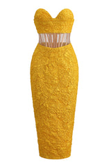 Glamorous Floral Jacquard Strapless Corset Cocktail Midi Dress - Yellow