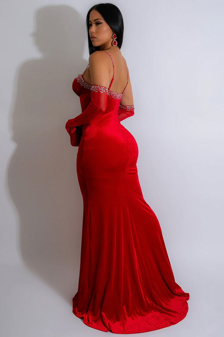 Glamorous Gloved Rhinestone Sweetheart Neck Velvet Evening Maxi Dress - Red