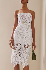 Glamorous Leaf Laser Cut Strapless Bandage Cocktail Midi Dress - White