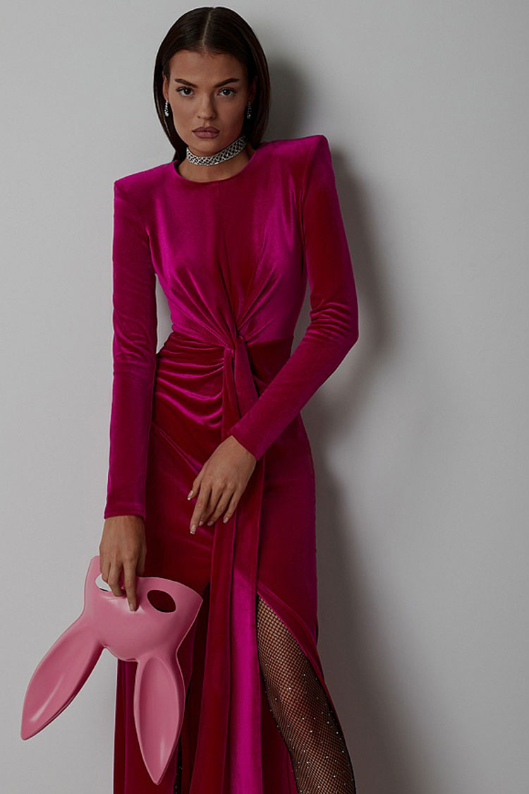 Glamorous Long Sleeve Twist Draped Front Split Velvet Evening Maxi Dress - Rose