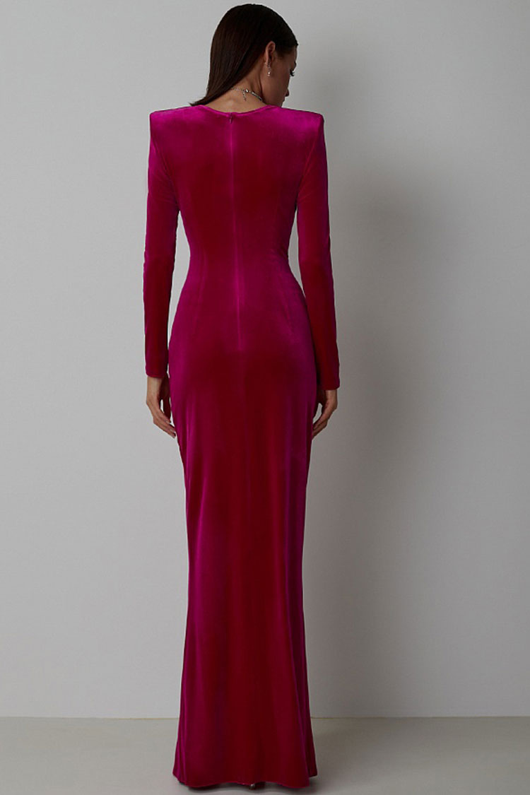 Glamorous Long Sleeve Twist Draped Front Split Velvet Evening Maxi Dress - Rose