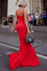 Glamorous Sheer Mesh Cutout Braided Trim Split Formal Maxi Dress - Red