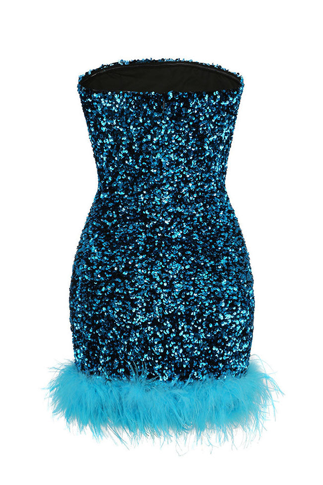 Glamorus Feather Trim Strapless Velvet Sequin Party Mini Dress - Blue