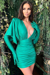 Glitter Plunge Neck Opera Glove Half Sleeve Ruched Party Mini Dress - Emerald Green