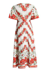 Graceful Balloon Sleeve Empire Waist Floral Print Beach Vacation Midi Dress