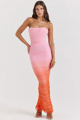 Gradient Strapless Mesh Ruched Bodycon Corset Evening Maxi Dress - Pink