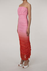 Gradient Strapless Mesh Ruched Bodycon Corset Evening Maxi Dress - Pink