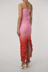 Gradient Strapless Mesh Ruched Bodycon Corset Evening Maxi Dress - Pink