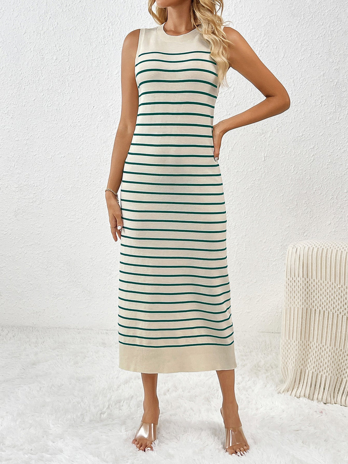 Dancing On Air Striped Knit Midi Dress - Green