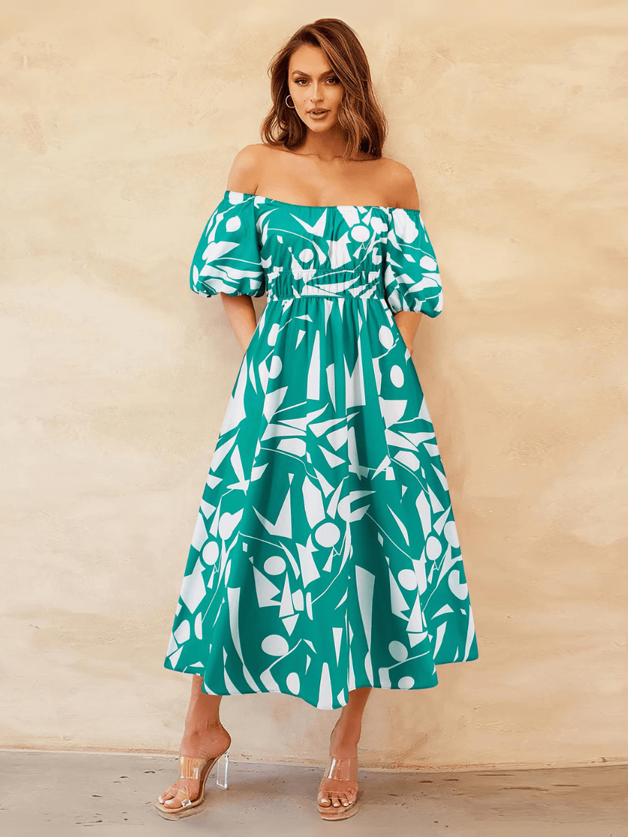 Summer in Amalfi Puff Sleeve Midi Dress - Green