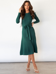 Robin Tie Waist Sweater Midi Dress- Green