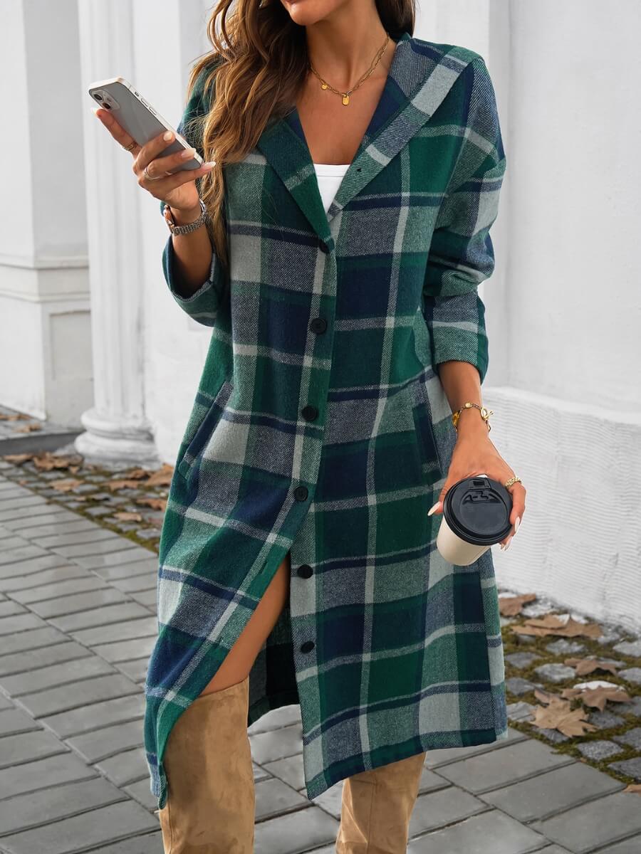 Town Stroll Plaid Hooded Coat - Green