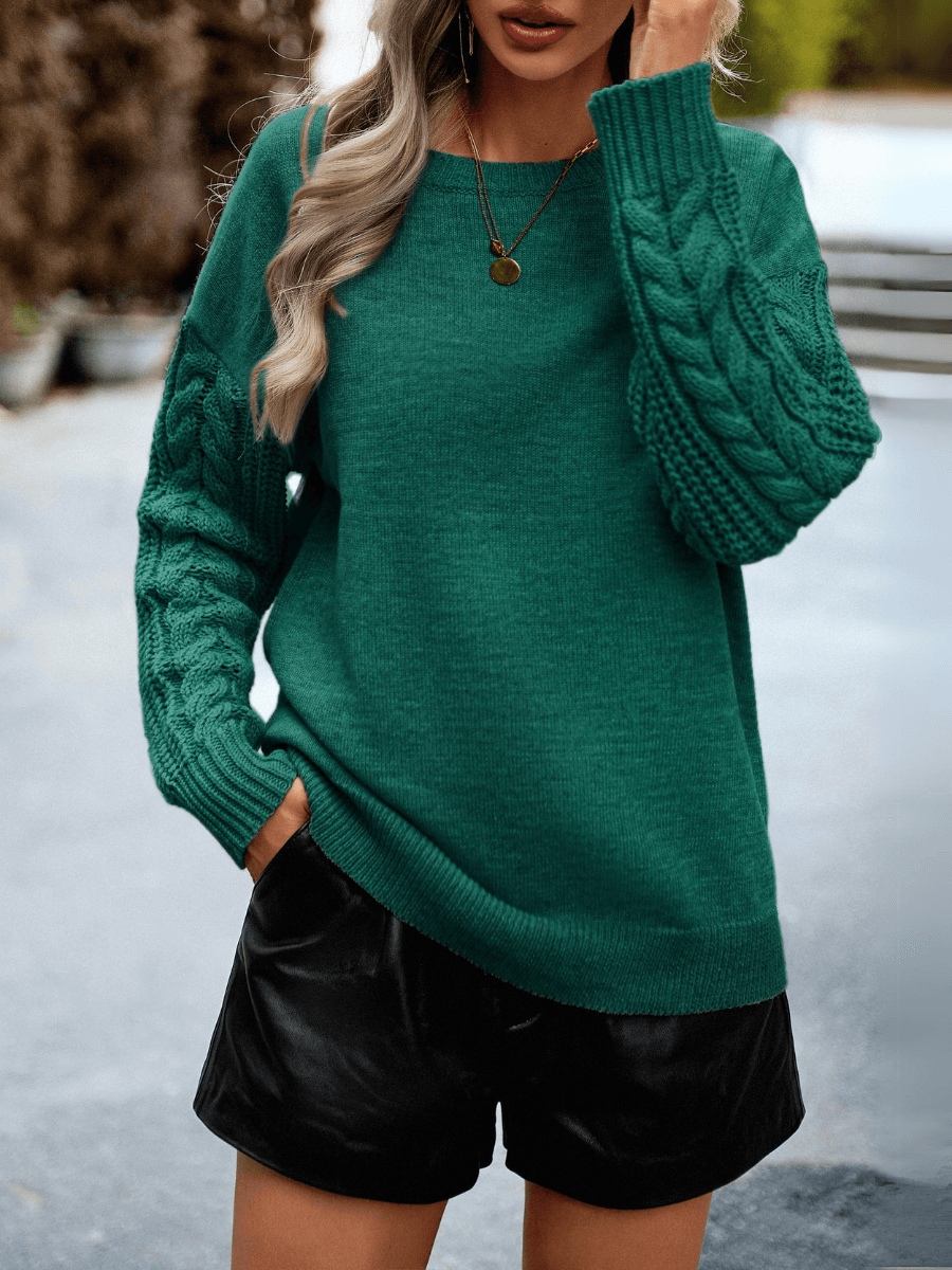 Joan Cable Sleeves Knit Pullover Sweater - Green