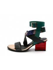 JADY ROSE | BLOCK HEEL CROSS TRIPLE-STAP LEATHER SANDAL - GREEN