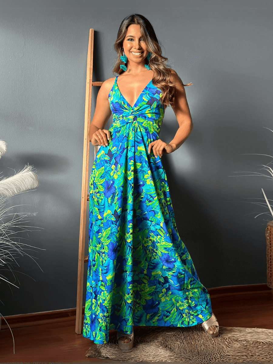 Cynthia Floral V-Neck Boho Maxi Dress - Green