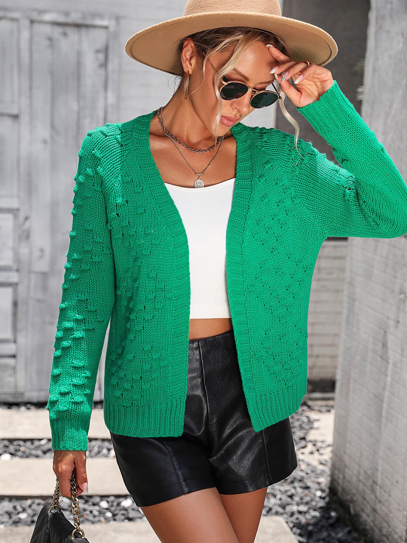 Billie Pom Open Sweater Cardigan - Green