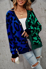 Janelle Leopard Button Up Knit Cardigan - Green