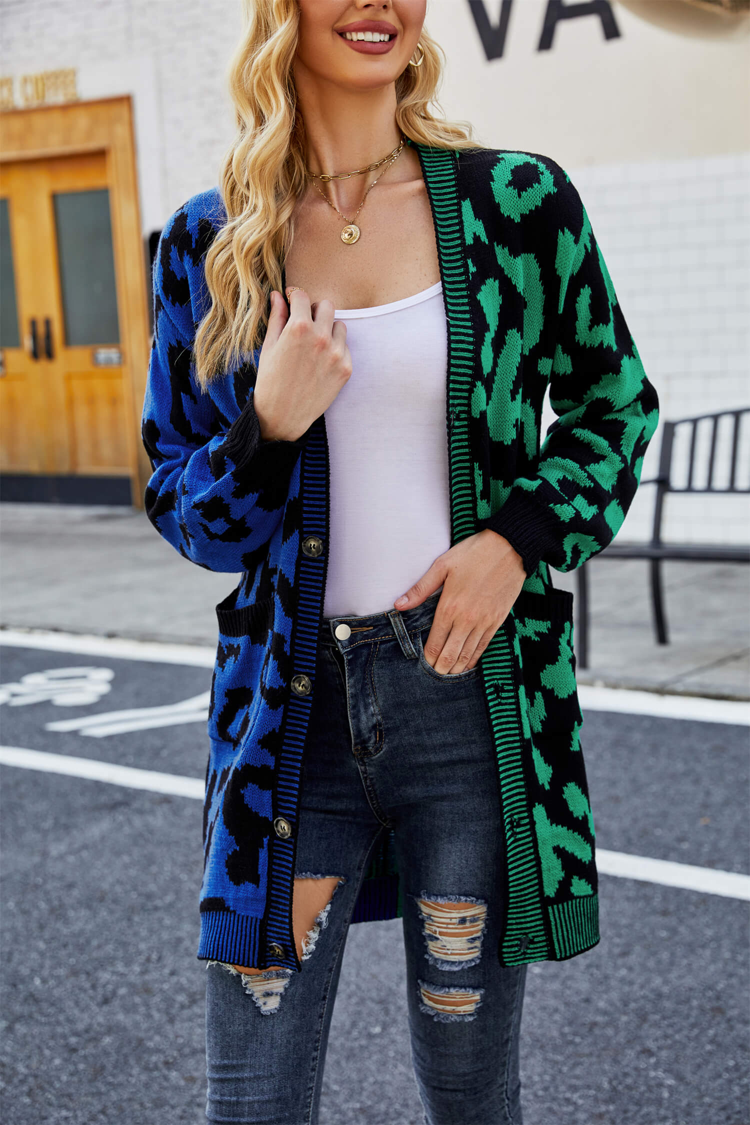 Hollis Leopard Knit Long Cardigan - Green