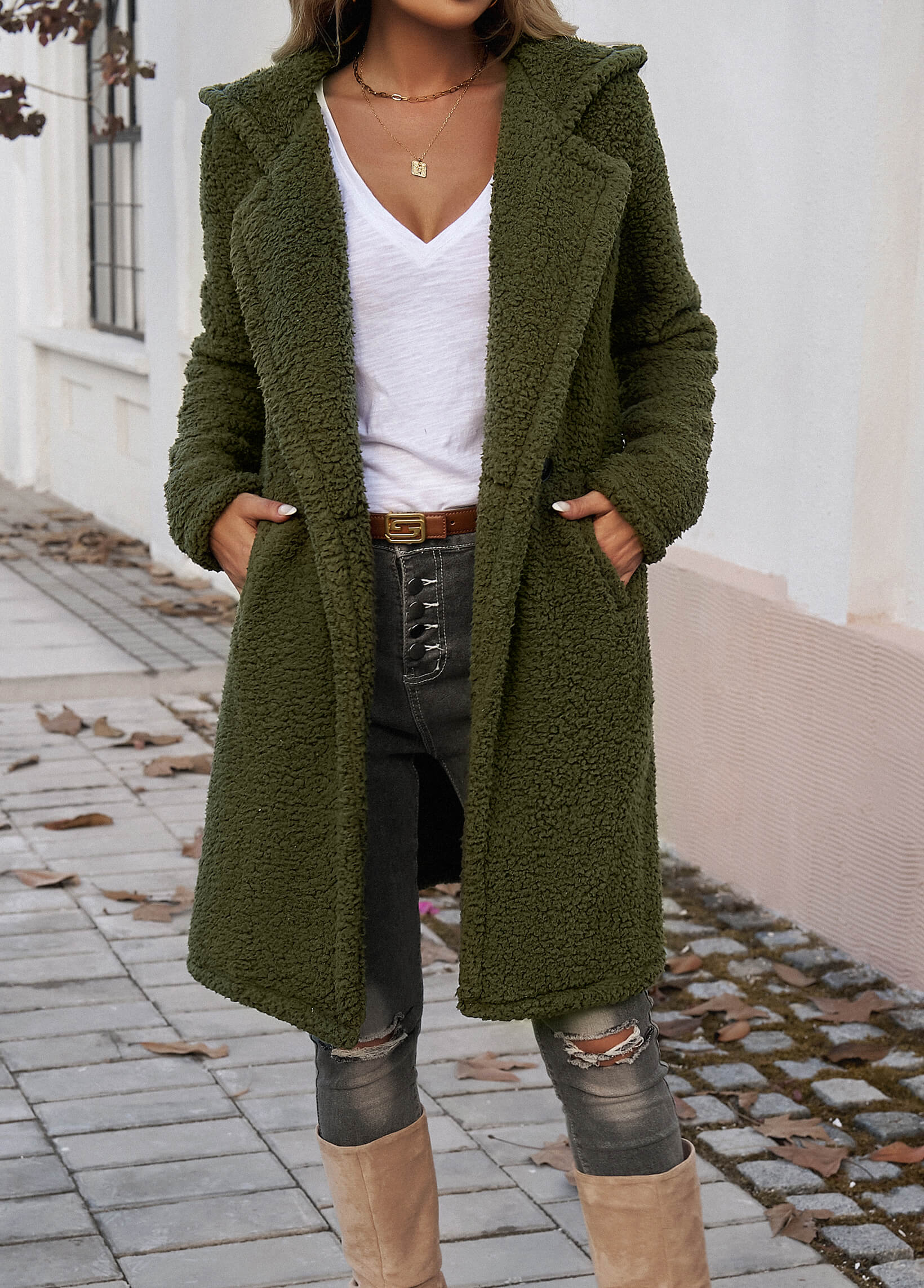 Teddy Longline Pocketed Coat - Olive