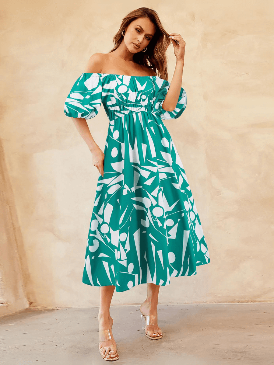 Summer in Amalfi Puff Sleeve Midi Dress - Green