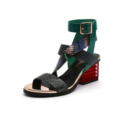 JADY ROSE | BLOCK HEEL CROSS TRIPLE-STAP LEATHER SANDAL - GREEN