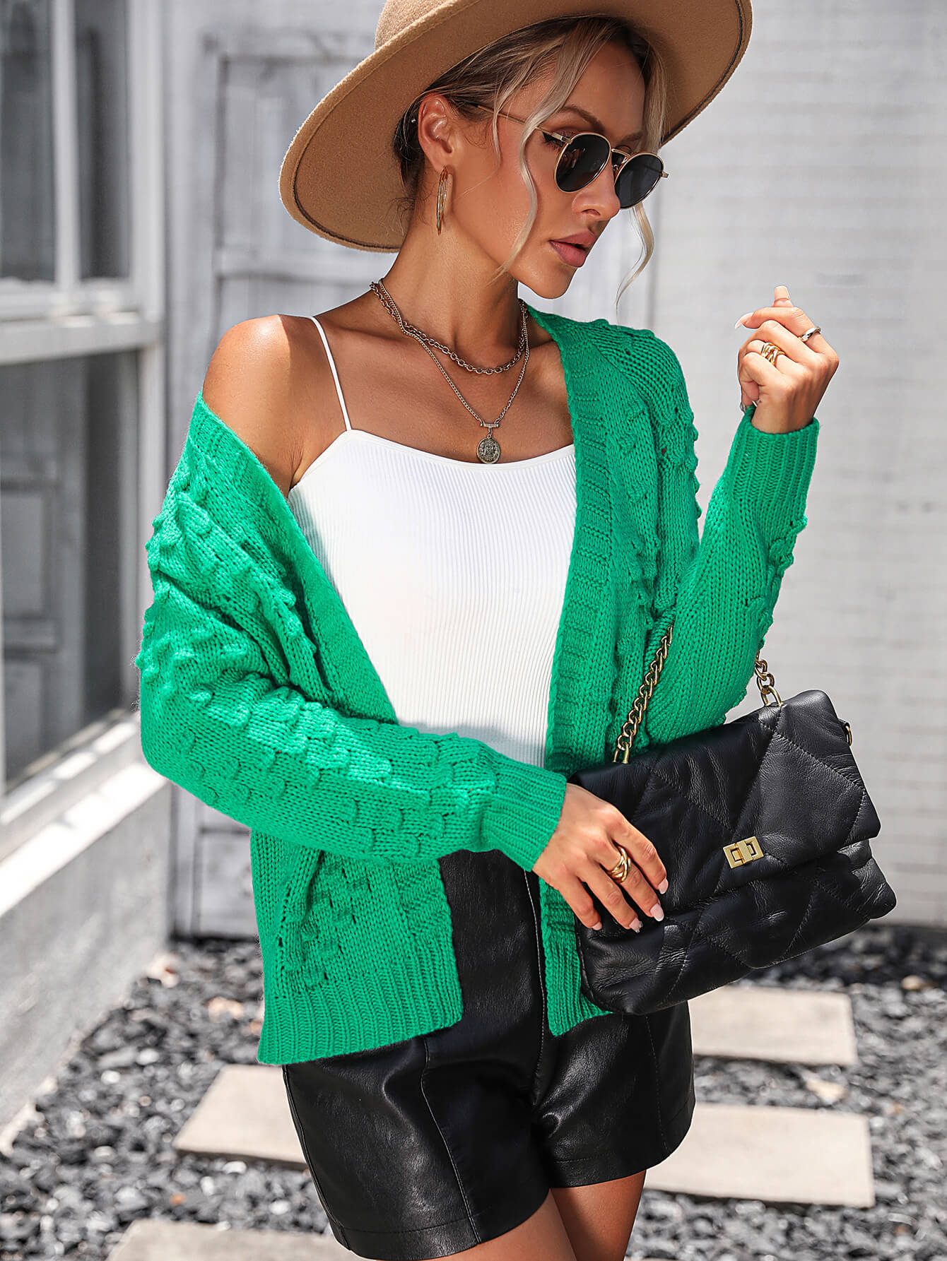 Billie Pom Open Sweater Cardigan - Green