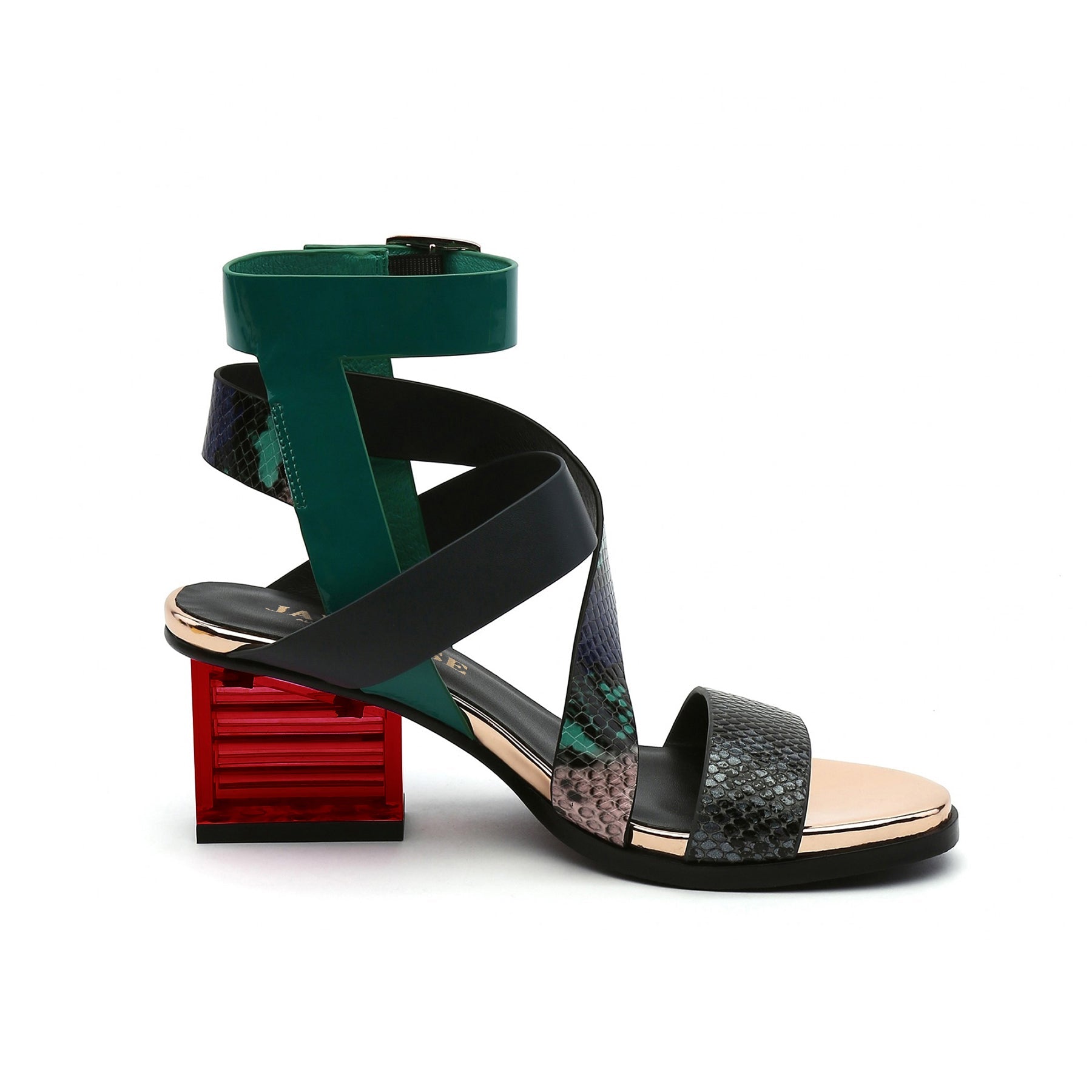 JADY ROSE | BLOCK HEEL CROSS TRIPLE-STAP LEATHER SANDAL - GREEN