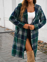 Town Stroll Plaid Hooded Coat - Green