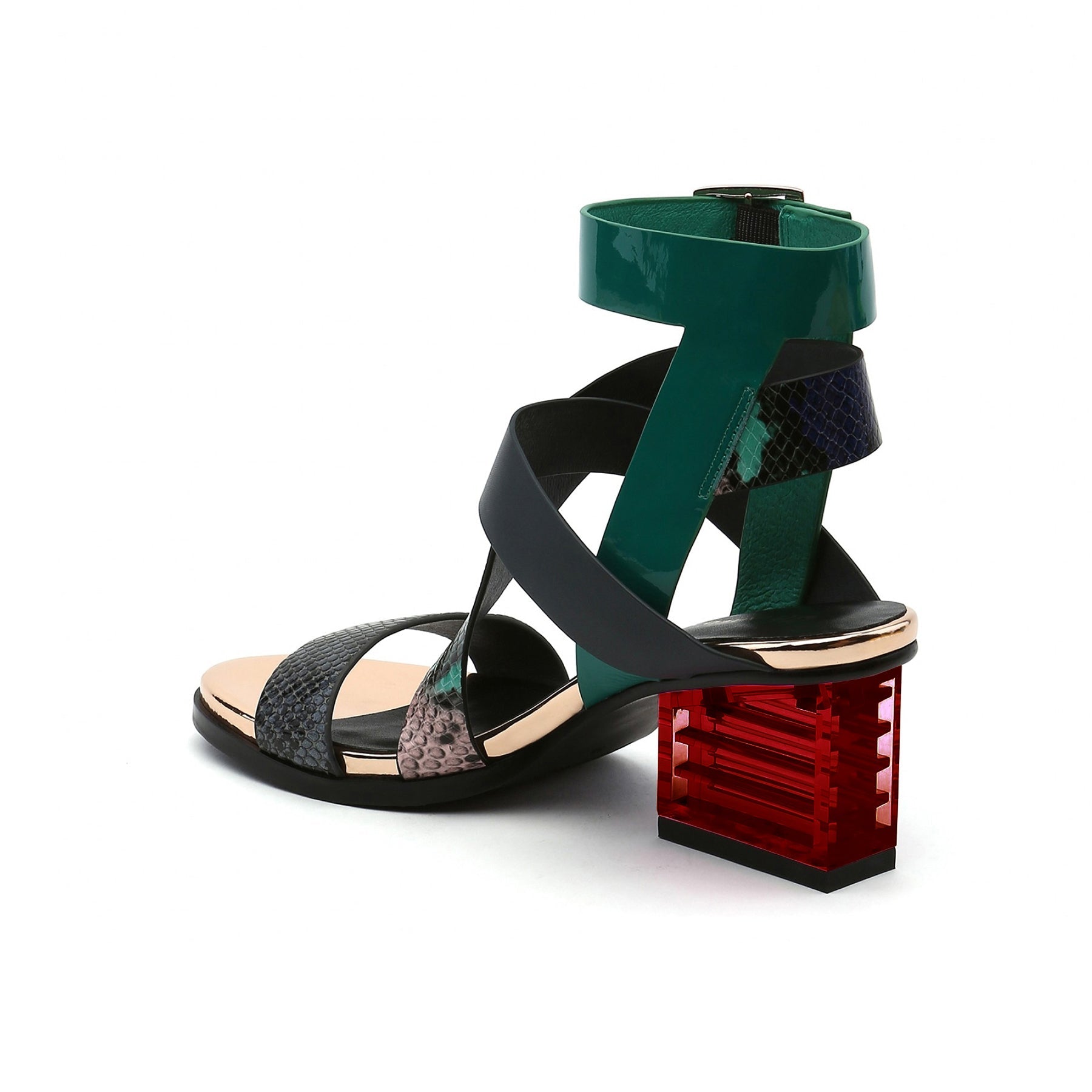 JADY ROSE | BLOCK HEEL CROSS TRIPLE-STAP LEATHER SANDAL - GREEN