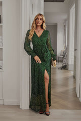 LEANDRA FRONT SPLIT SHIMMER MAXI DRESS - GREEN