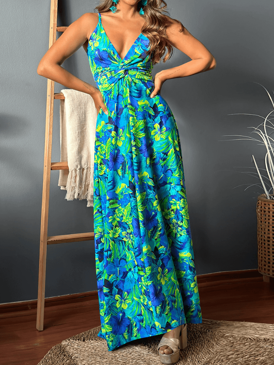 Cynthia Floral V-Neck Boho Maxi Dress - Green