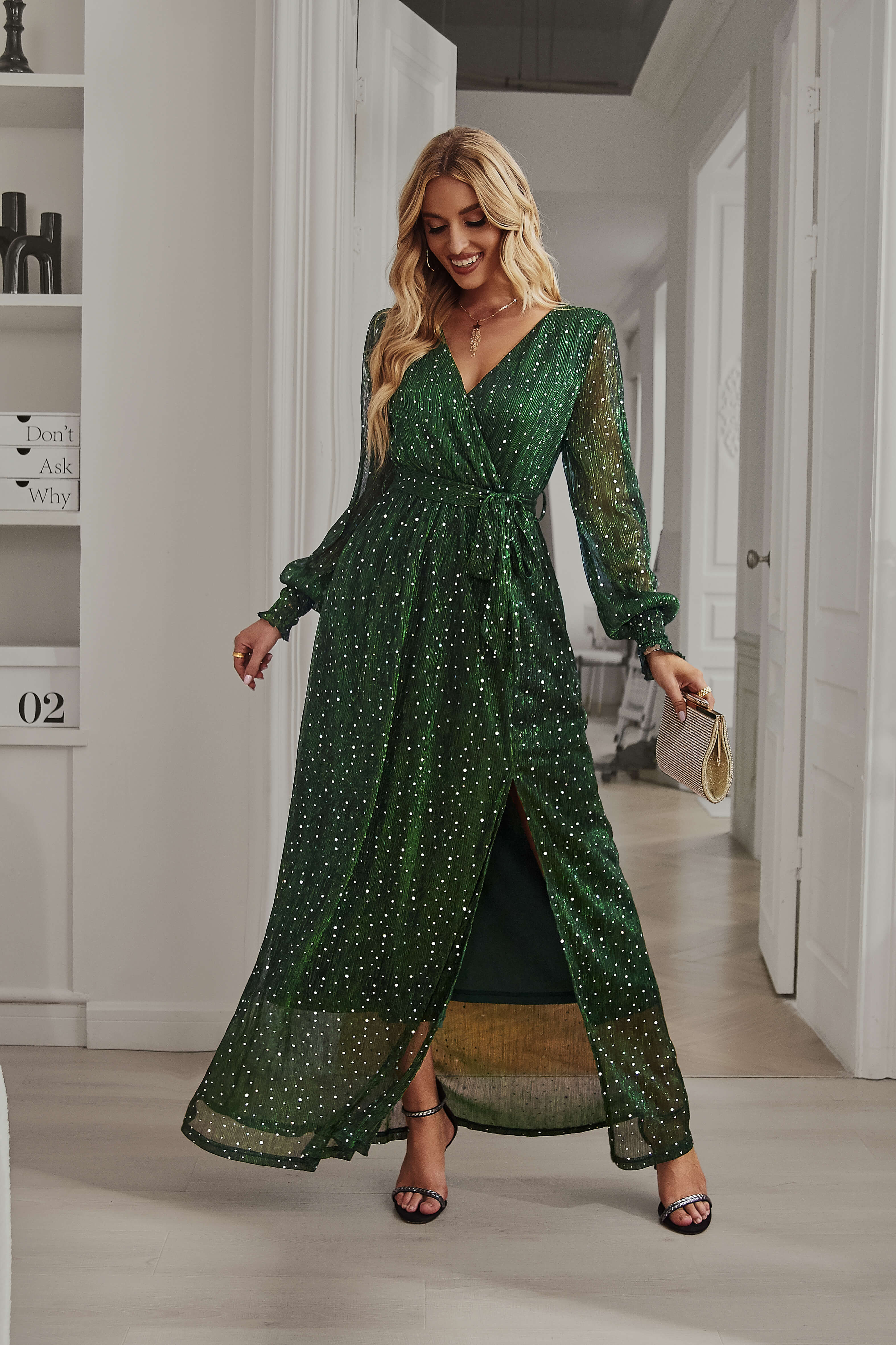 LEANDRA FRONT SPLIT SHIMMER MAXI DRESS - GREEN