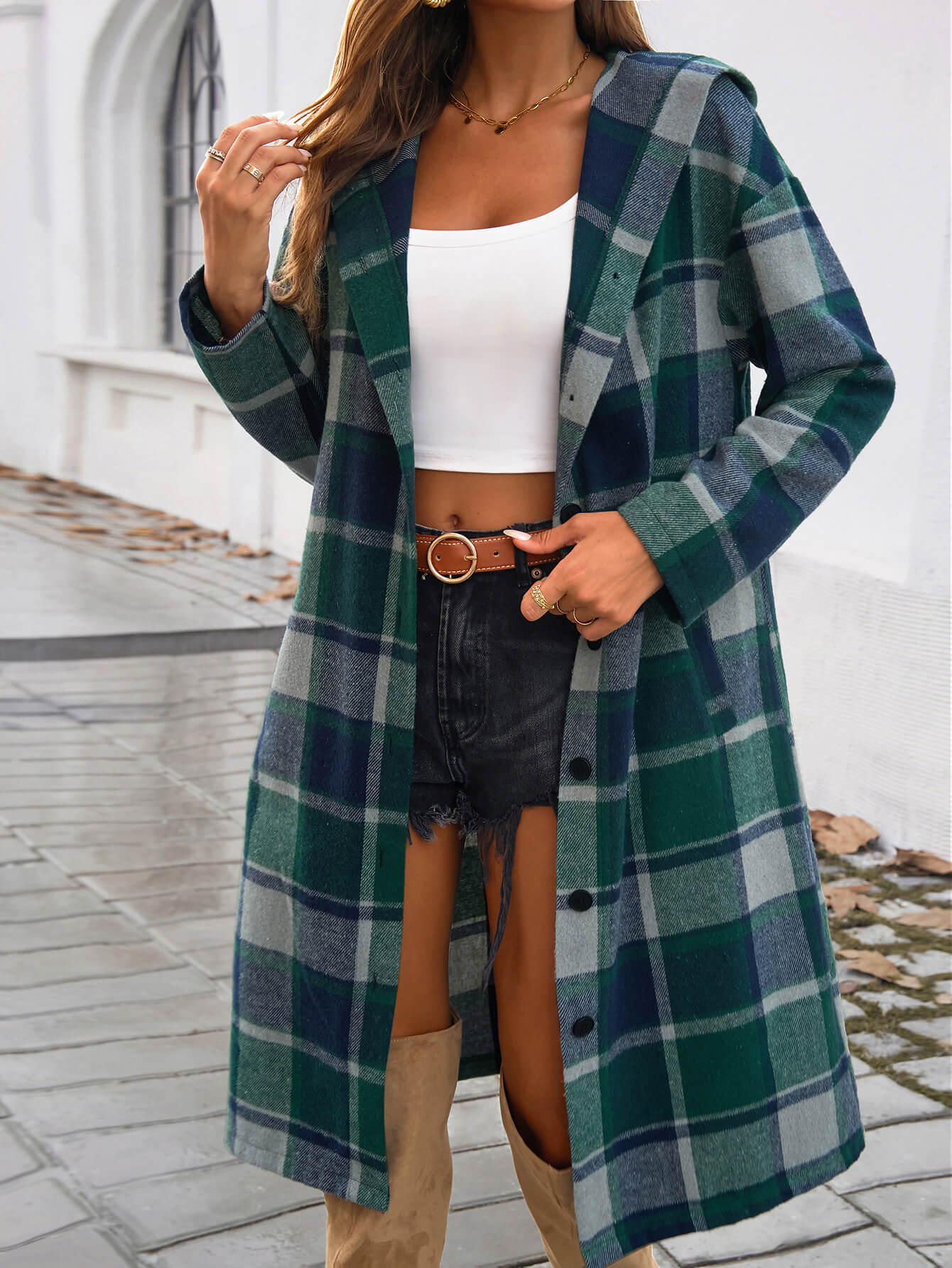 Town Stroll Plaid Hooded Coat - Green