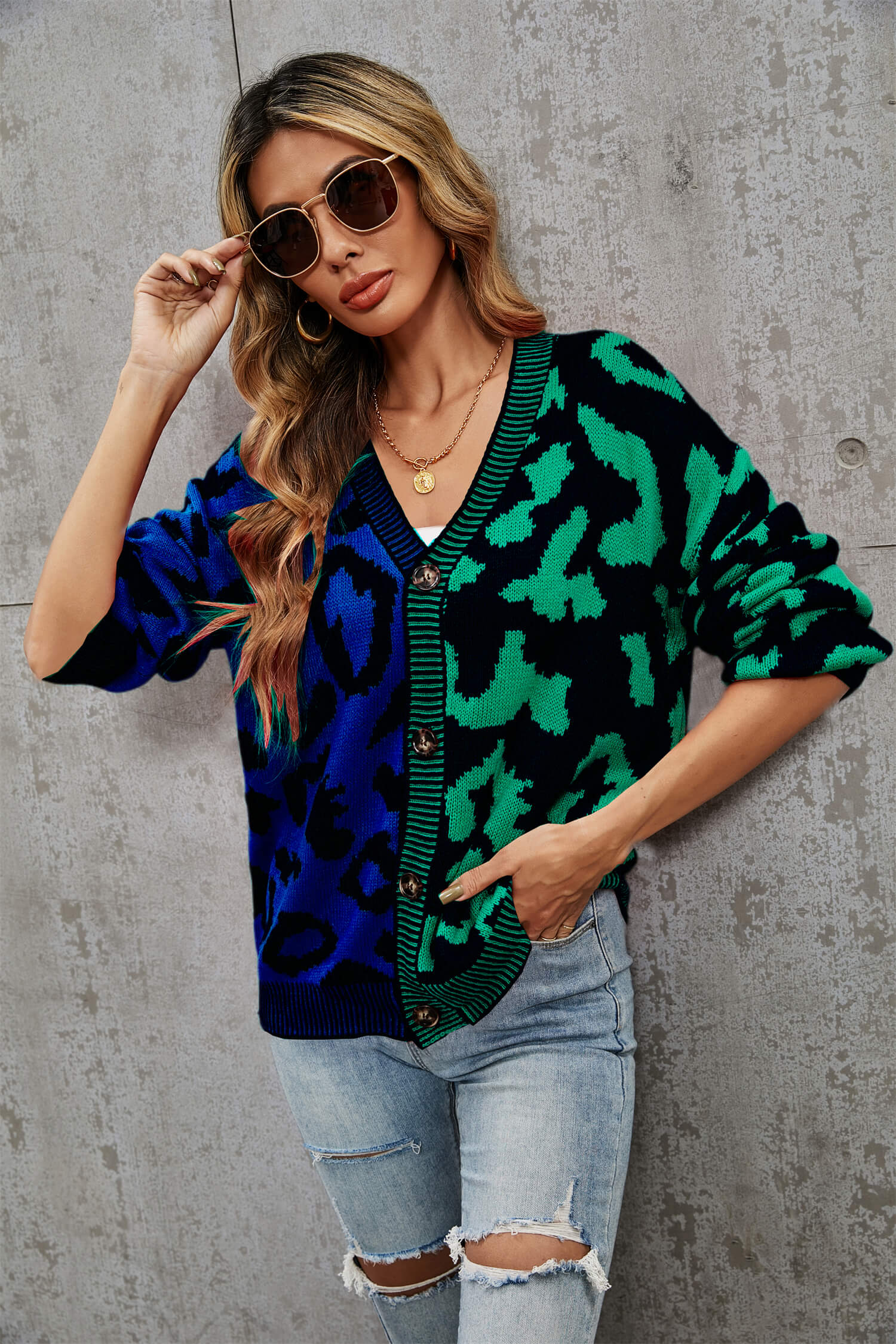 Janelle Leopard Button Up Knit Cardigan - Green