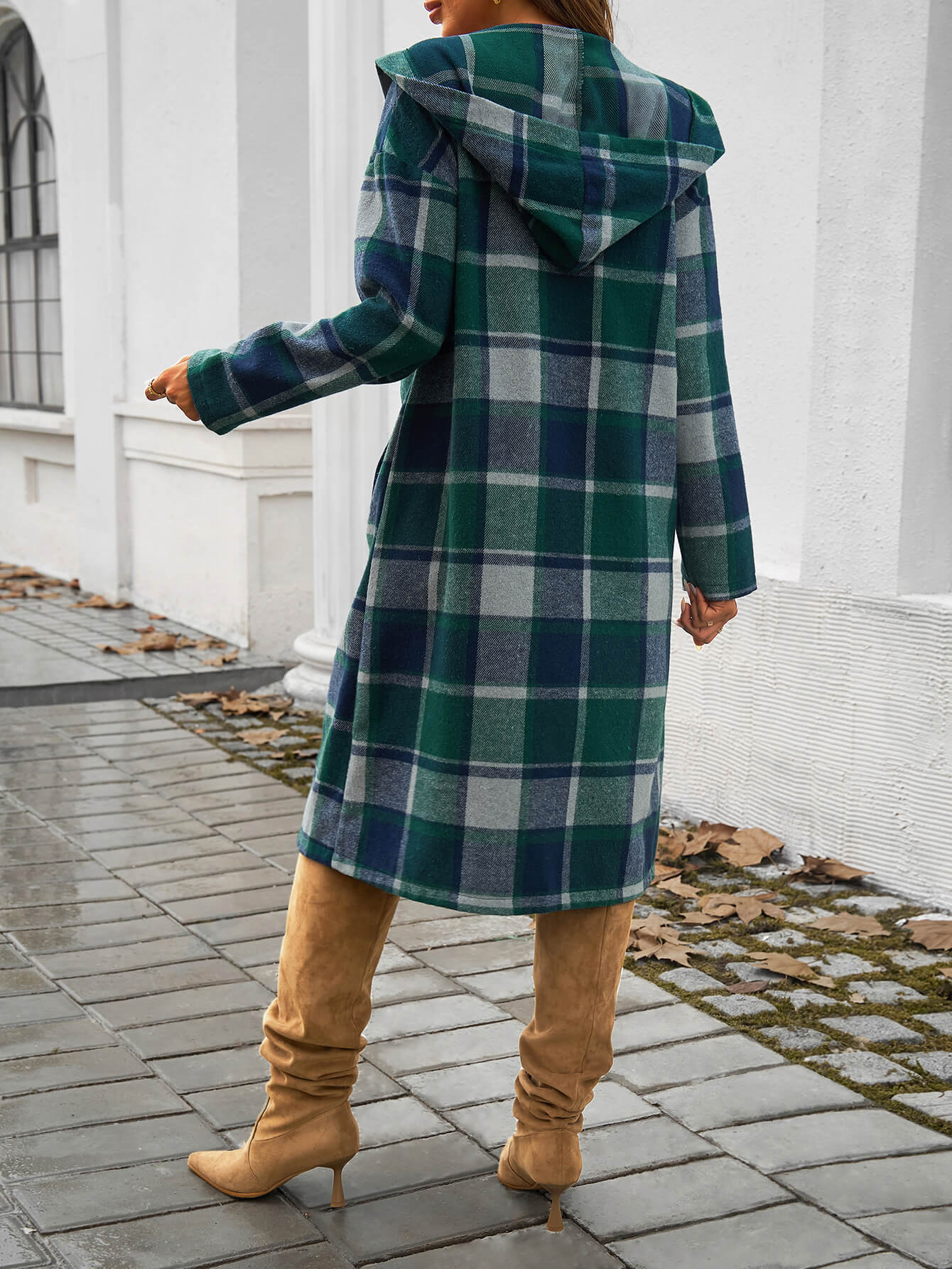 Town Stroll Plaid Hooded Coat - Green