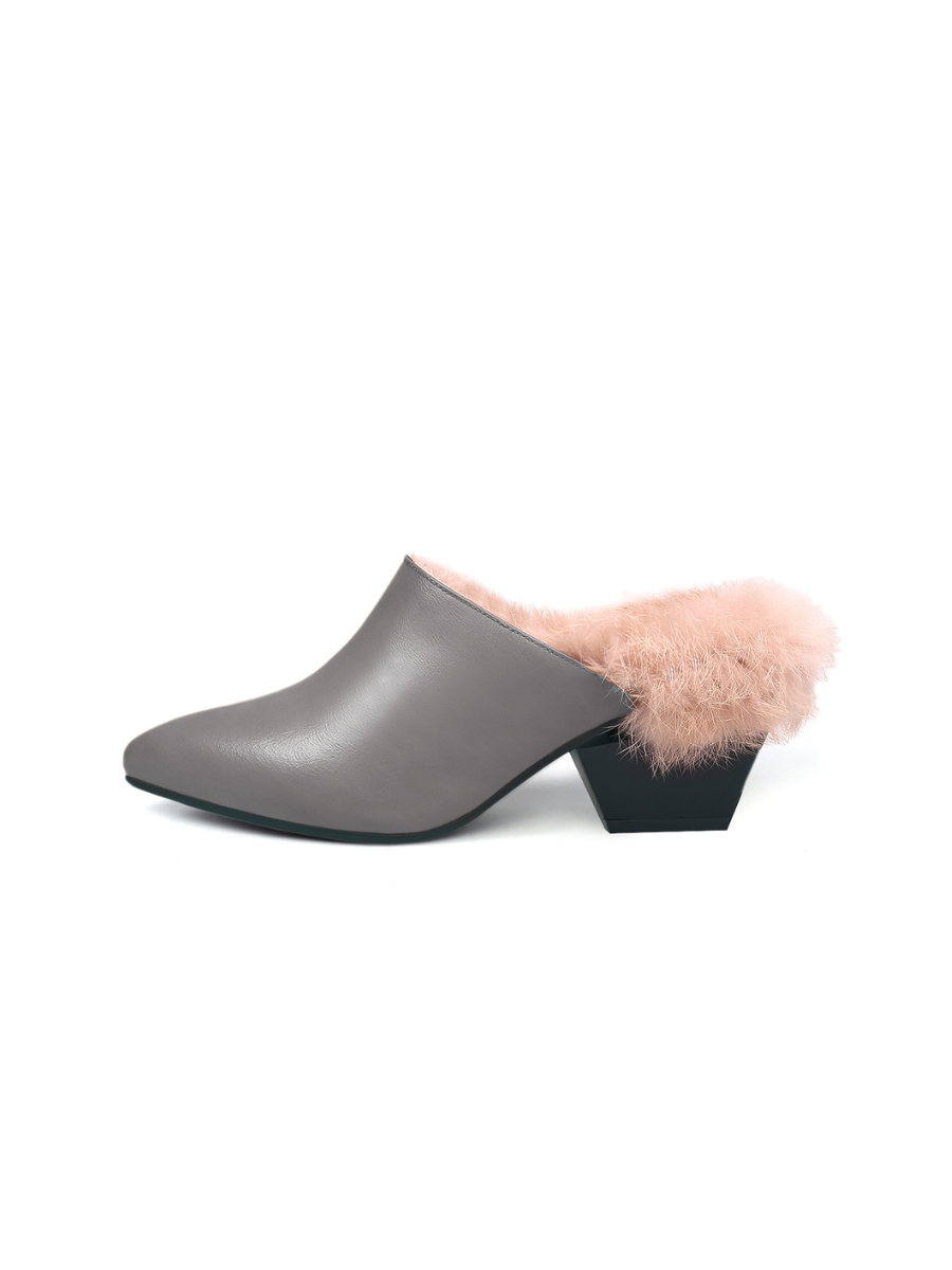 JADY ROSE | FAUX FUR LINED POINTED LEATHER MULE - GREY