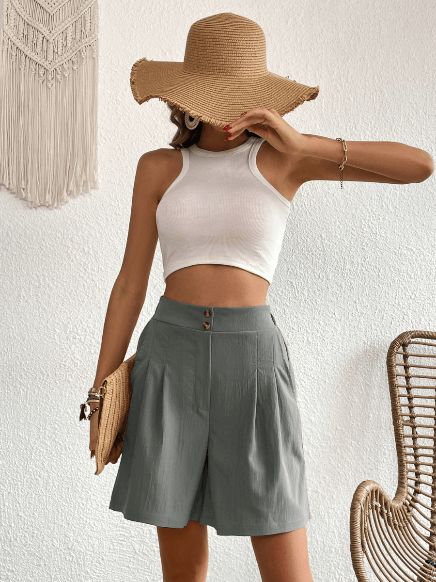 Eden Pocketed High Waist Shorts - Grey