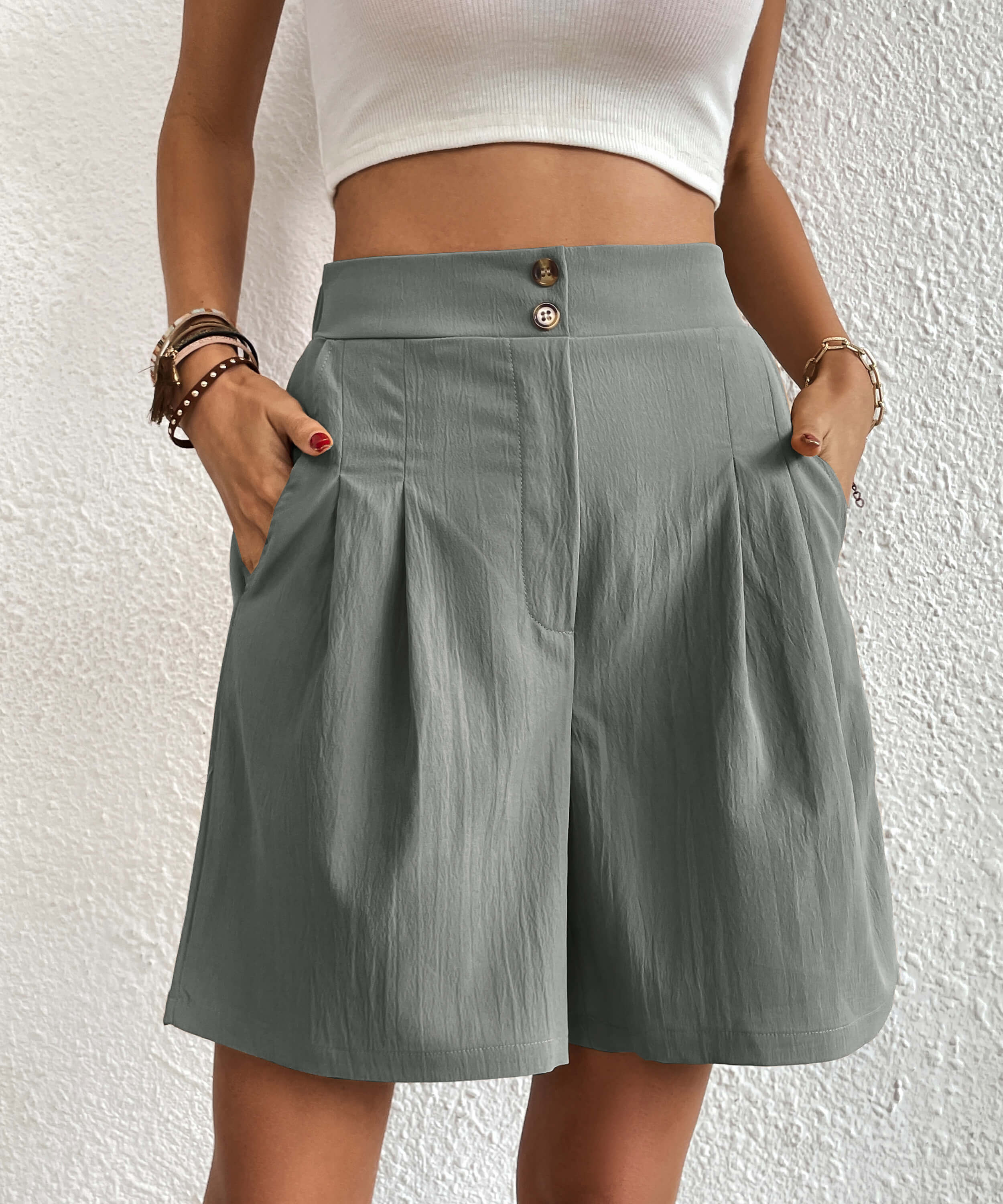 Eden Pocketed High Waist Shorts - Grey