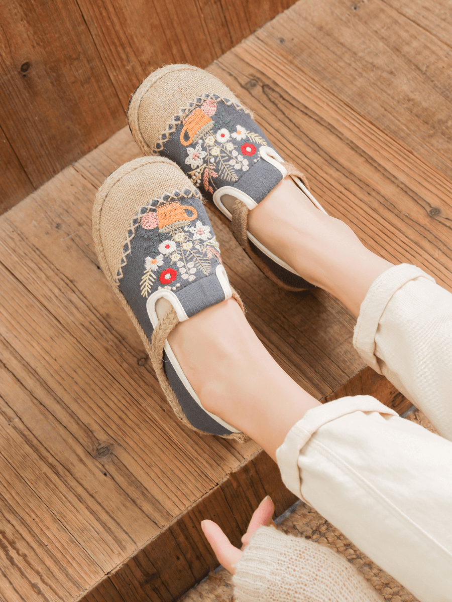 Cactus Rose | Gemma Floral Embroidered Linen Espadrilles - Grey