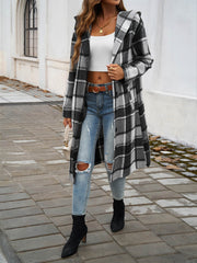 Town Stroll Plaid Hooded Coat - Grey