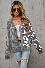 Janelle Leopard Button Up Knit Cardigan - Grey