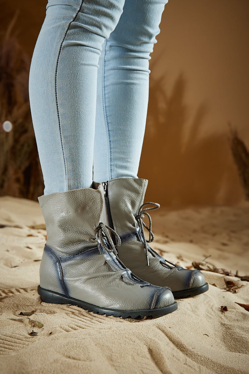 Rumour Has It | Liberty Leather Combat Boots - Grey