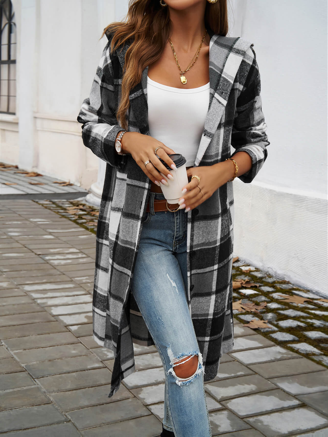 Town Stroll Plaid Hooded Coat - Grey